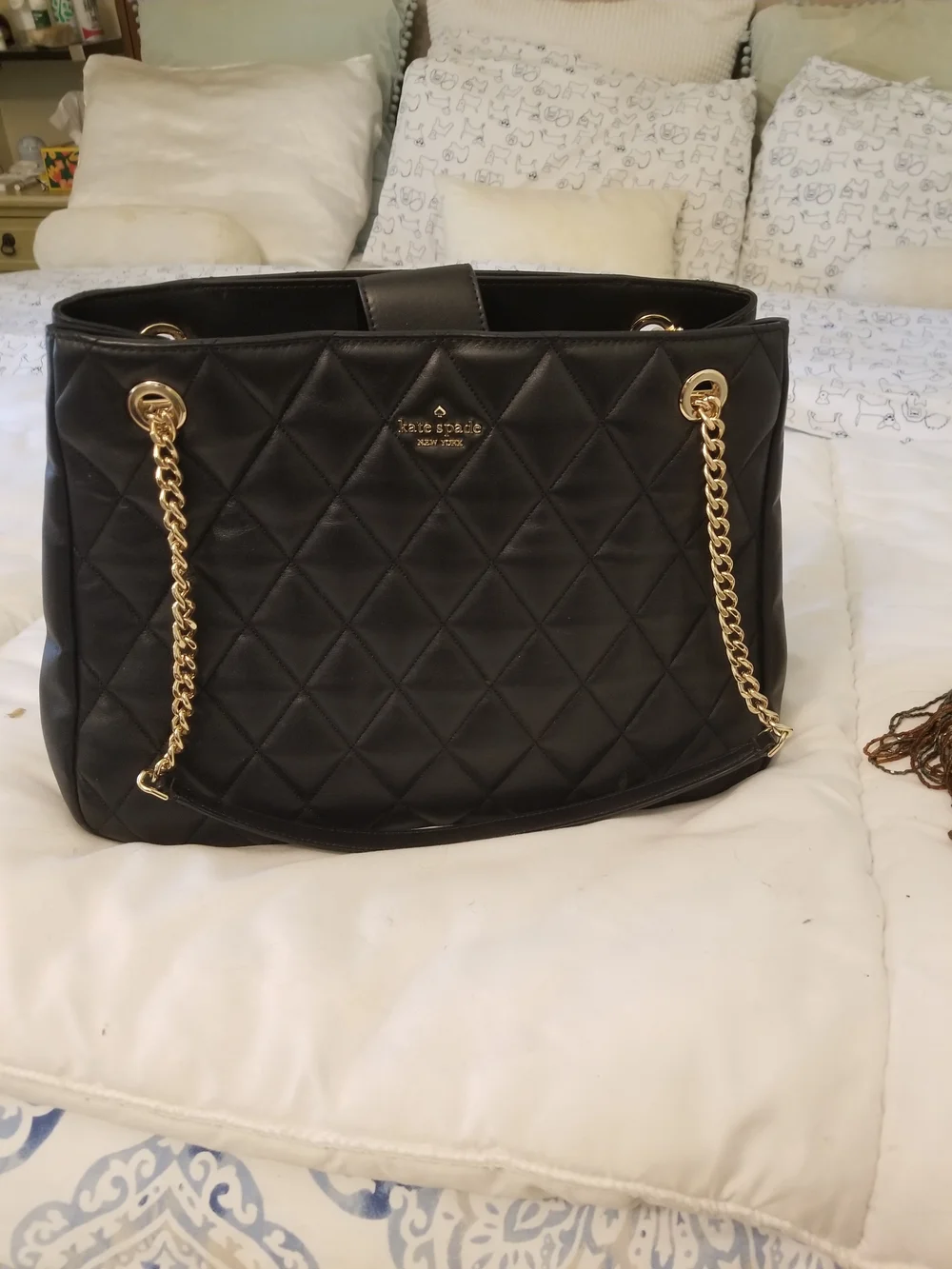 kate spade Black Quilted Leather Shoulder Bag with Gold Chain Handles